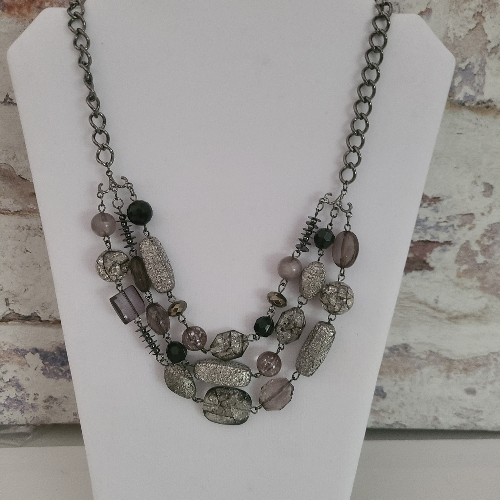 3-Strand Statement Necklace,  Black/Gray, Gunmetal - Picture 2 of 6